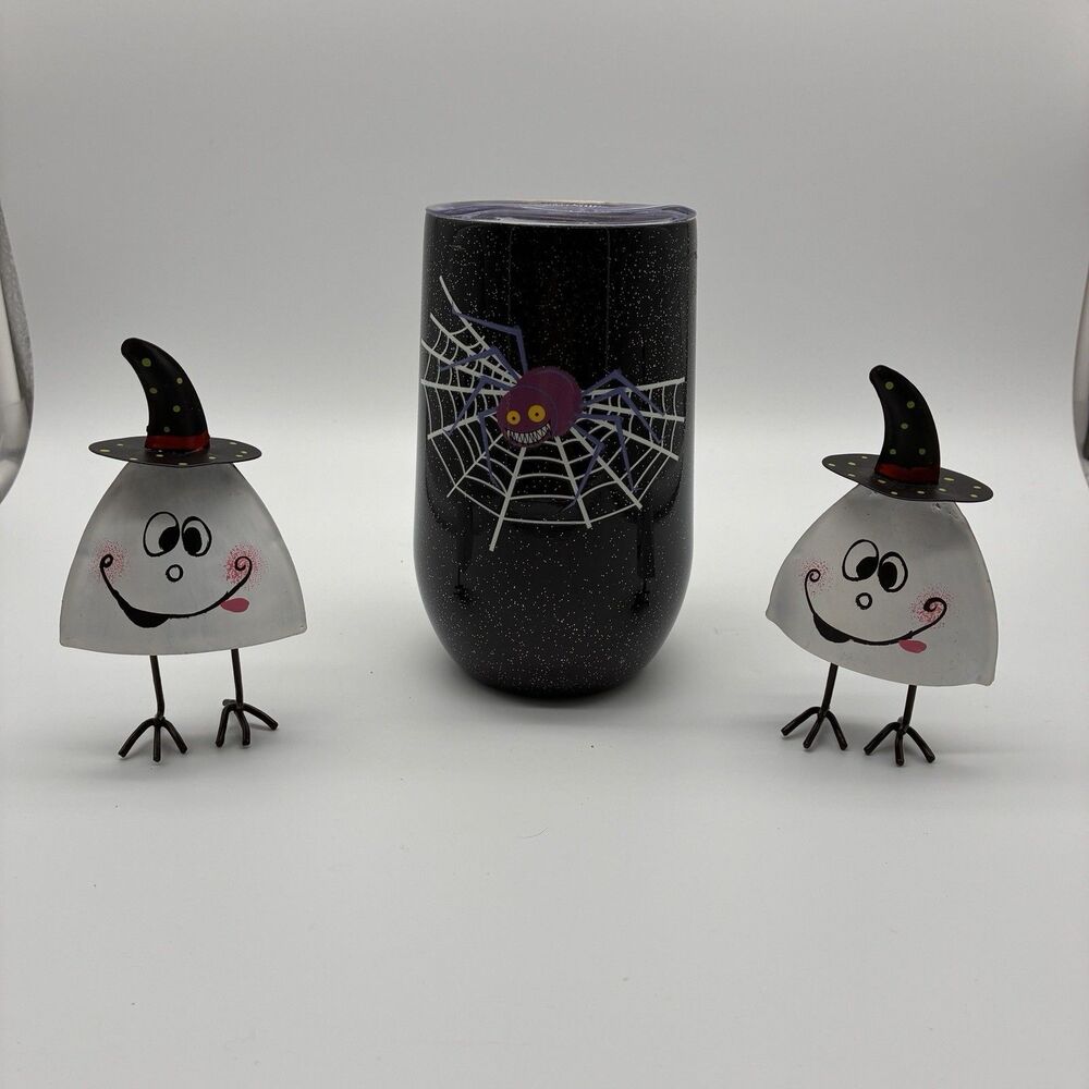 Halloween 3 Piece Set. W/ Spider Speckled Stainless Steel cup w/ Lid 2 Fun Ghost